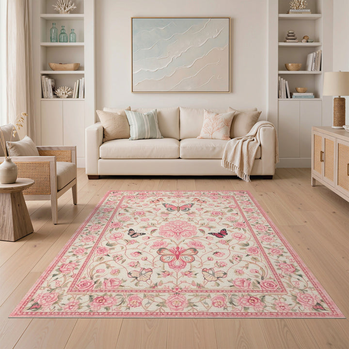Pink Butterfly Rose Floral Vintage Area Rug