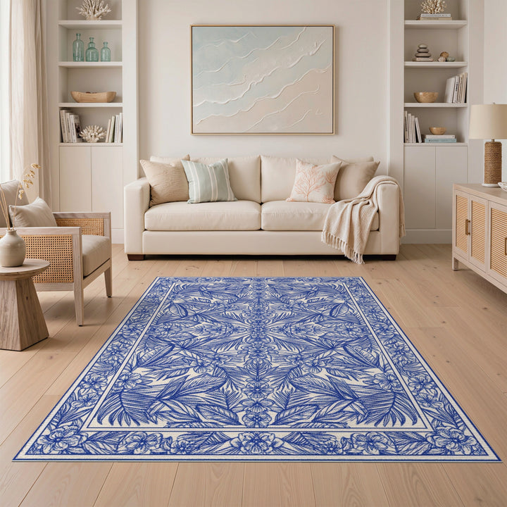 Blue Floral Vintage Washable Area Rug