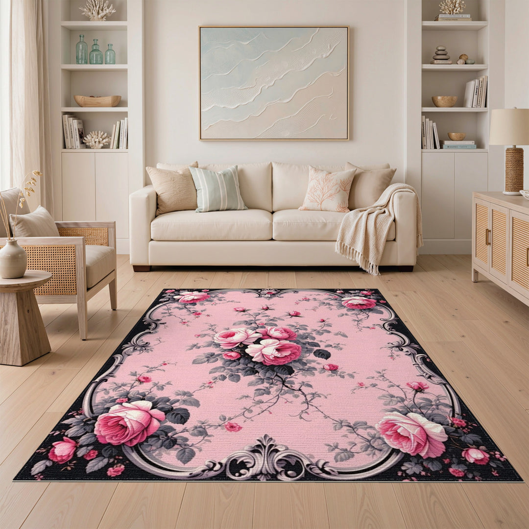 Pink Rose Ornate Floral Vintage Rug