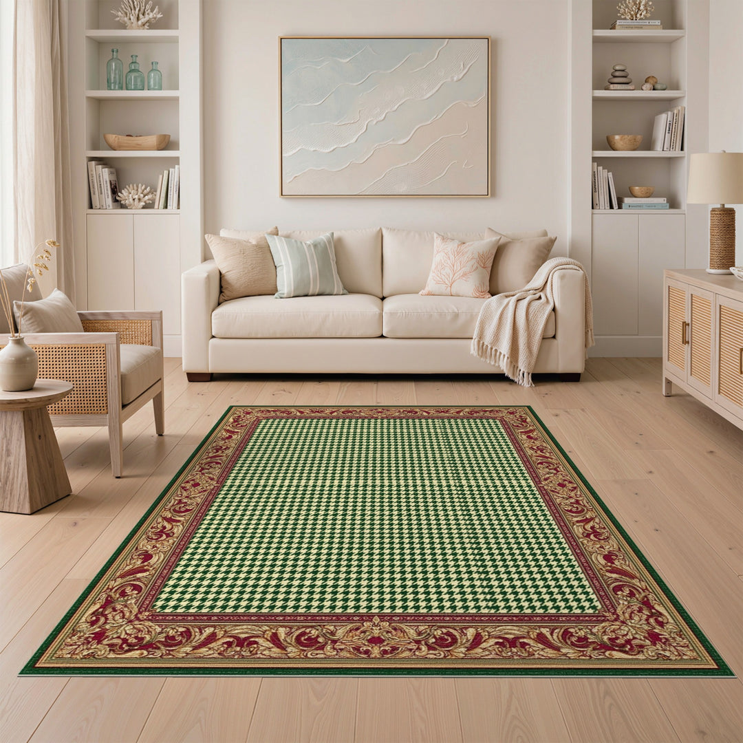 Green Houndstooth Area Rug with Ornate Border