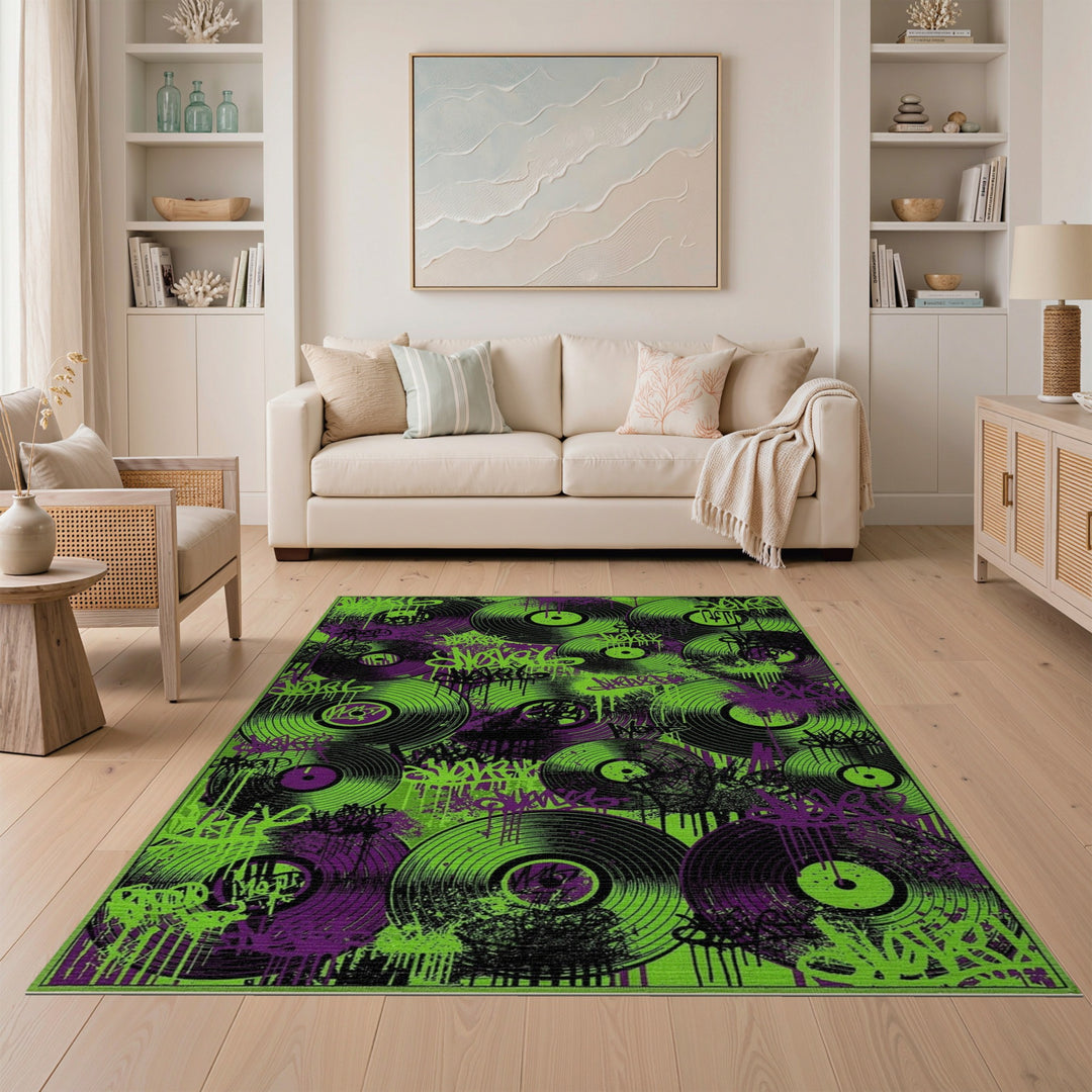 Neon Graffiti Vinyl Record Area Rug