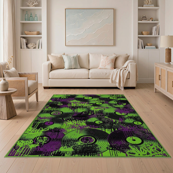 Neon Graffiti Vinyl Record Area Rug