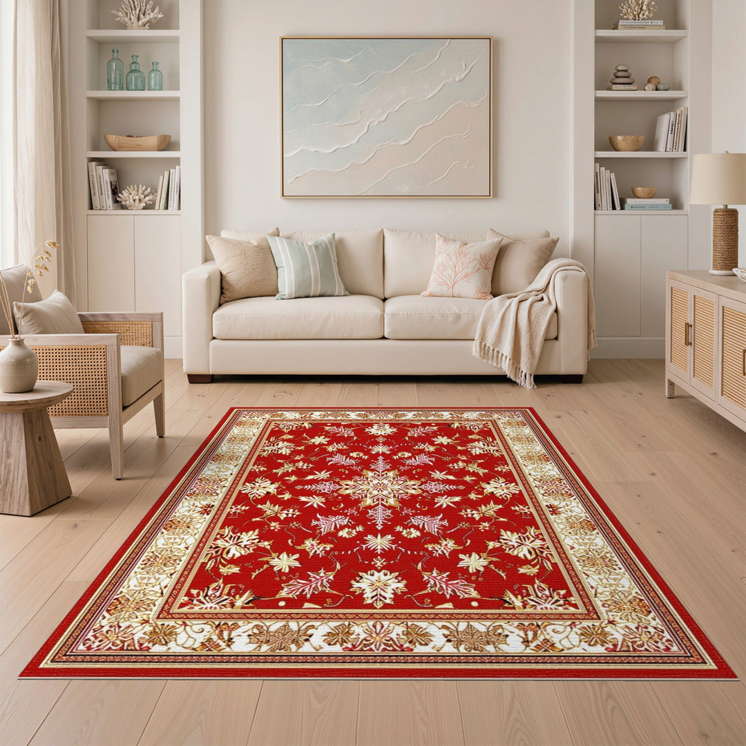 Red Floral Persian Area Rug with Gold Accents