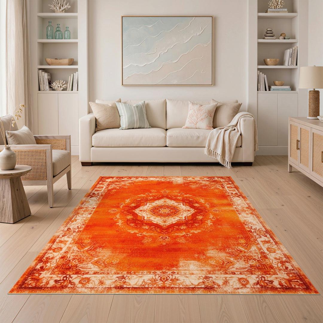 Orange Distressed Vintage Medallion Area Rug