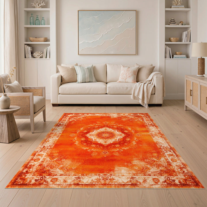 Orange Distressed Vintage Medallion Area Rug