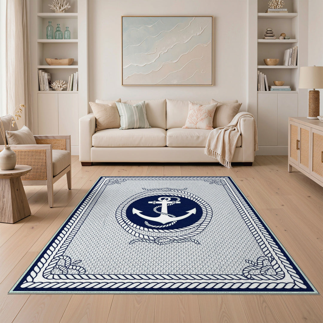 Navy Anchor Rope Coastal Area Rug