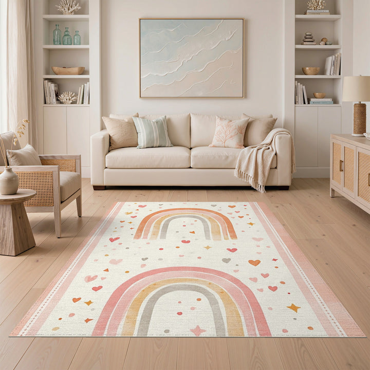 Kids Cartoon Pink Rainbow Hearts Kids Area Rug