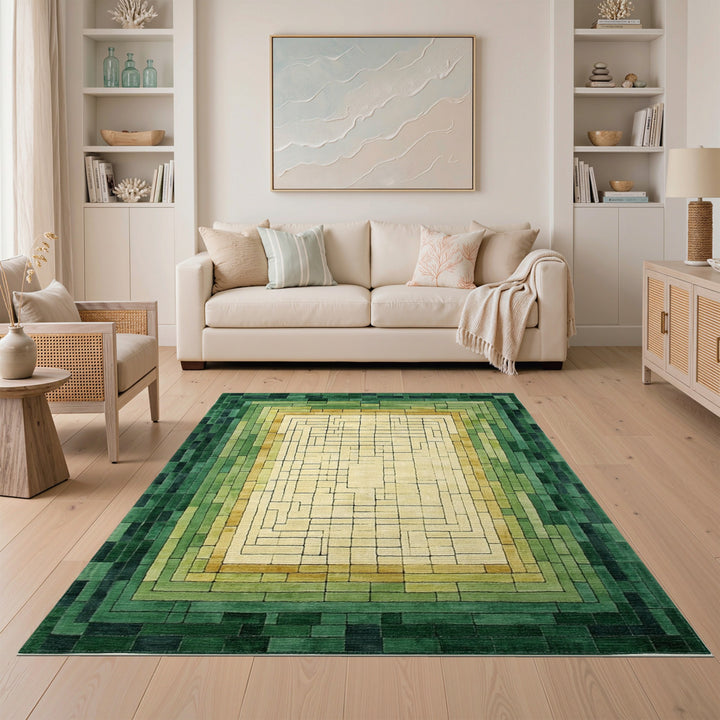 Green Geometric Maze Geometric Modern Area Rug