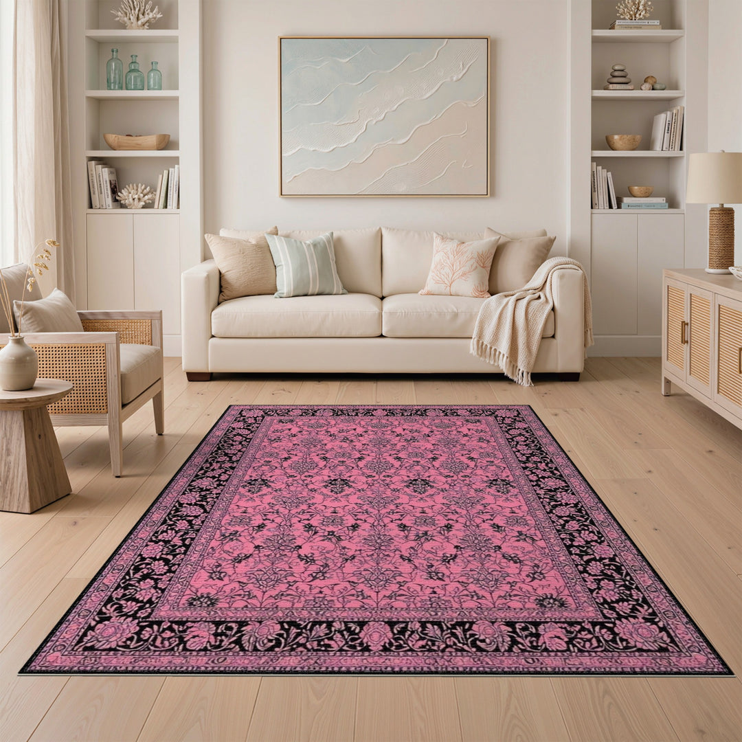 Pink and Black Floral Vintage Area Rug