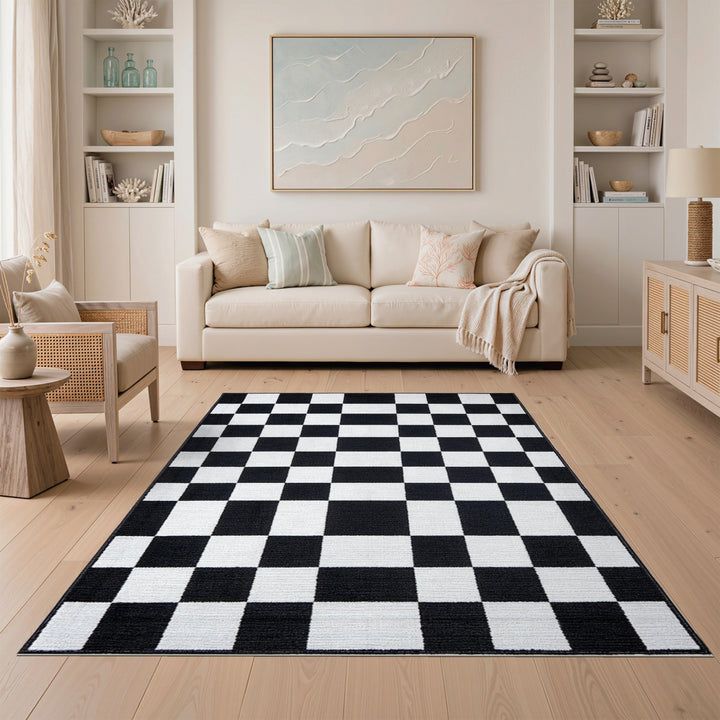 Black and White Black White Checkered Washable Area Rug