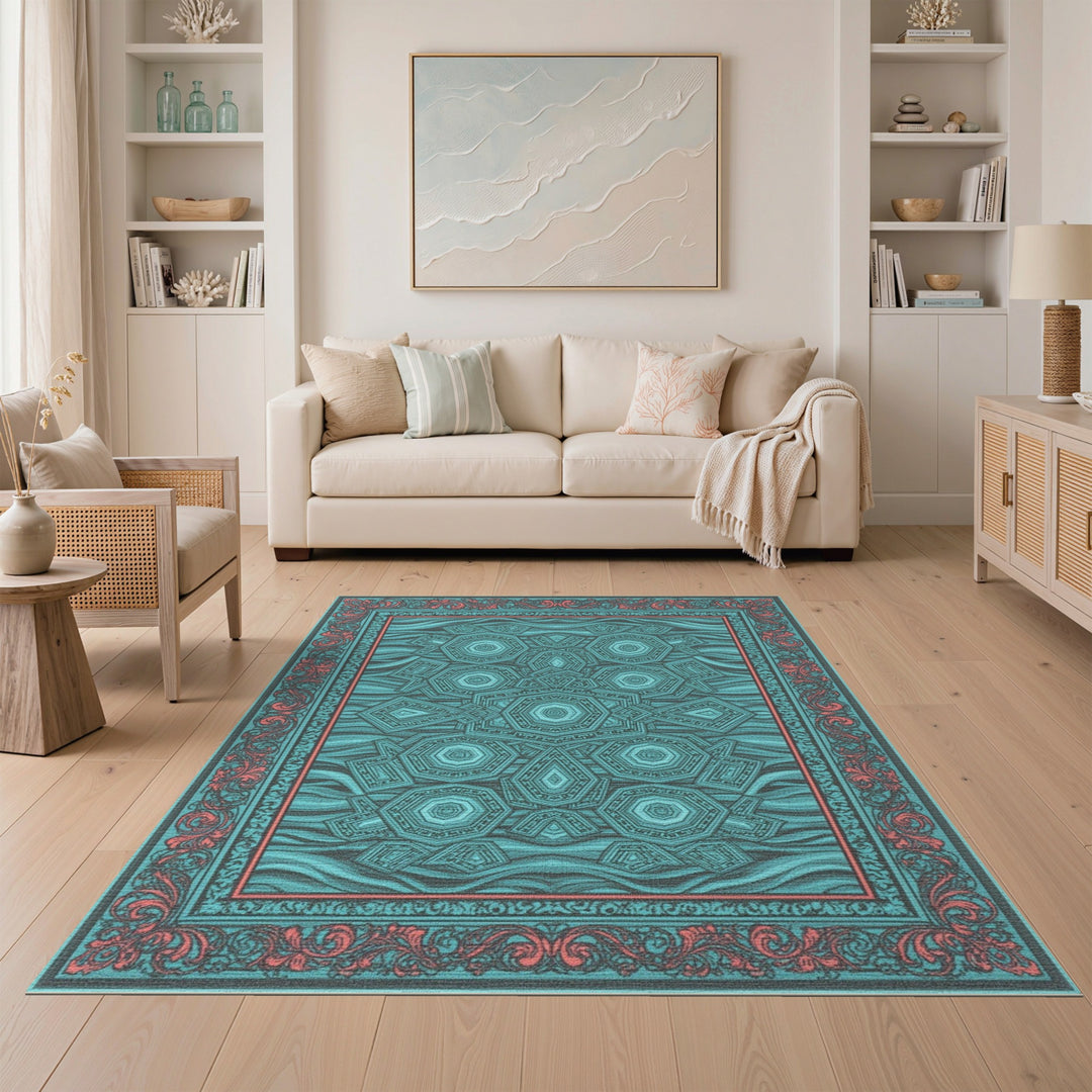 Teal Geometric Hexagon Area Rug with Red Border