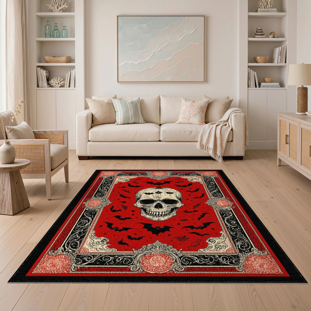 Red Gothic Skull Bat Area Rug