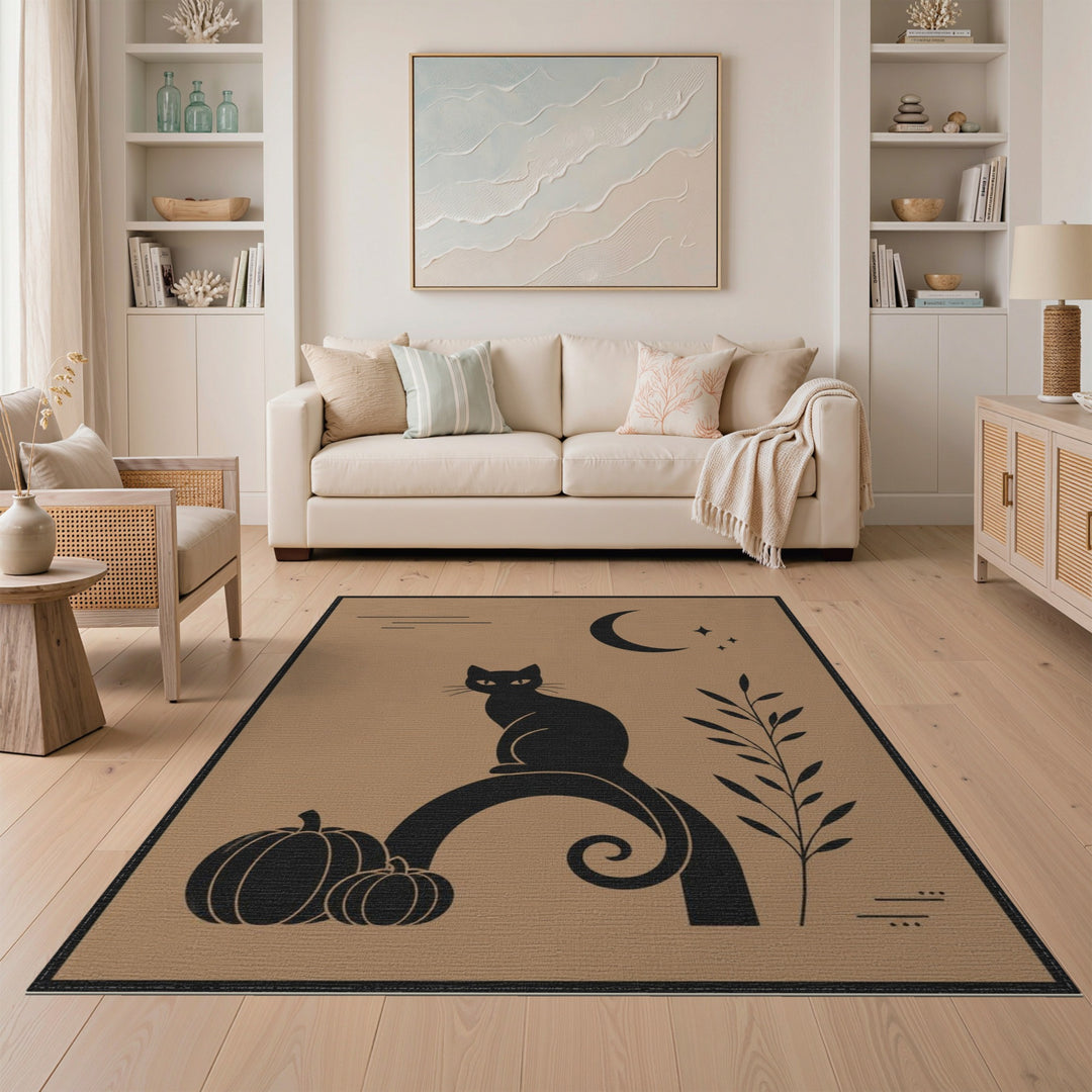 Brown and Tan Black Cat Pumpkin Moon Area Rug