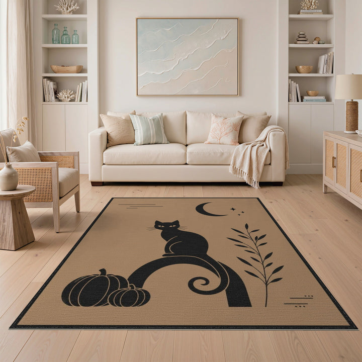 Brown and Tan Black Cat Pumpkin Moon Area Rug