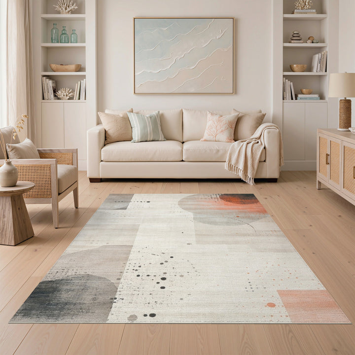 Abstract Beige Area Rug with Orange Accents