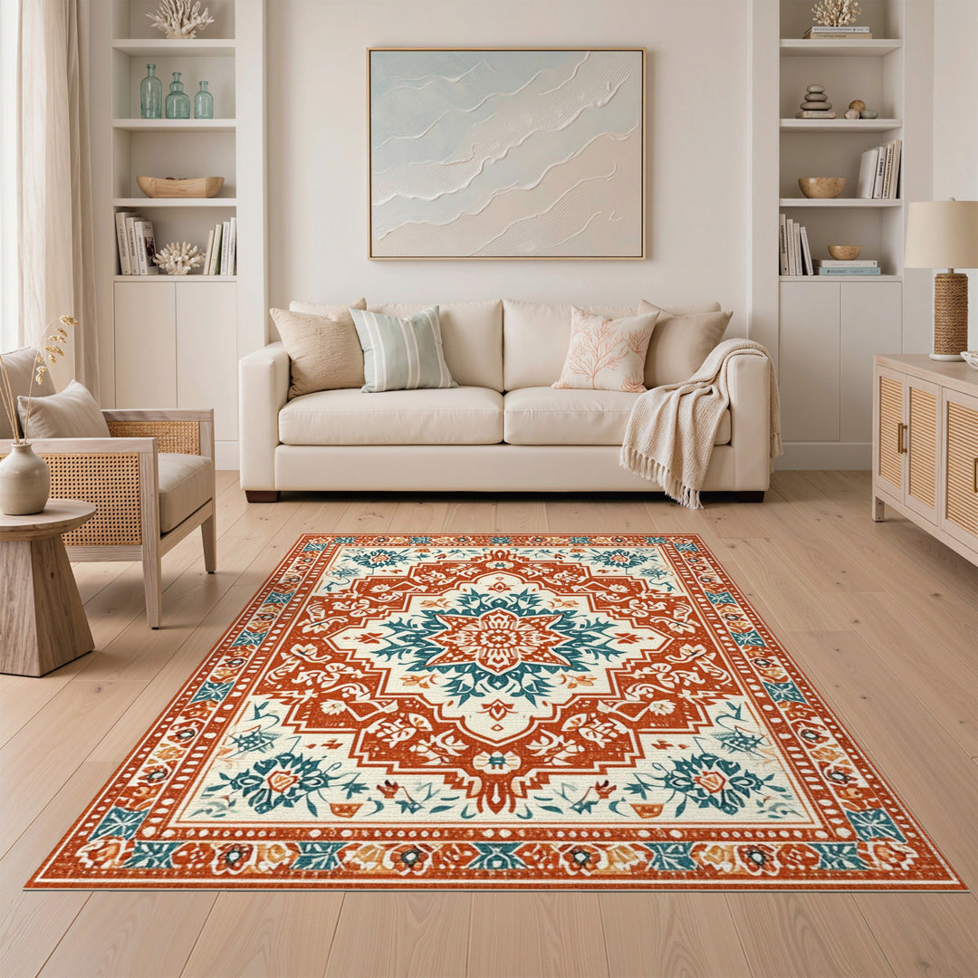 Traditional Persian Medallion Area Rug in Teal and Orange