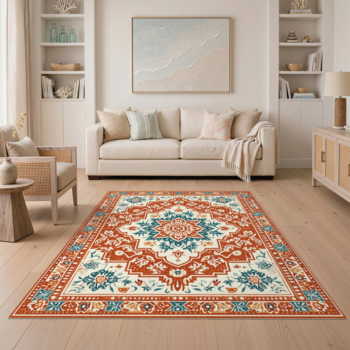 Traditional Persian Medallion Area Rug in Teal and Orange