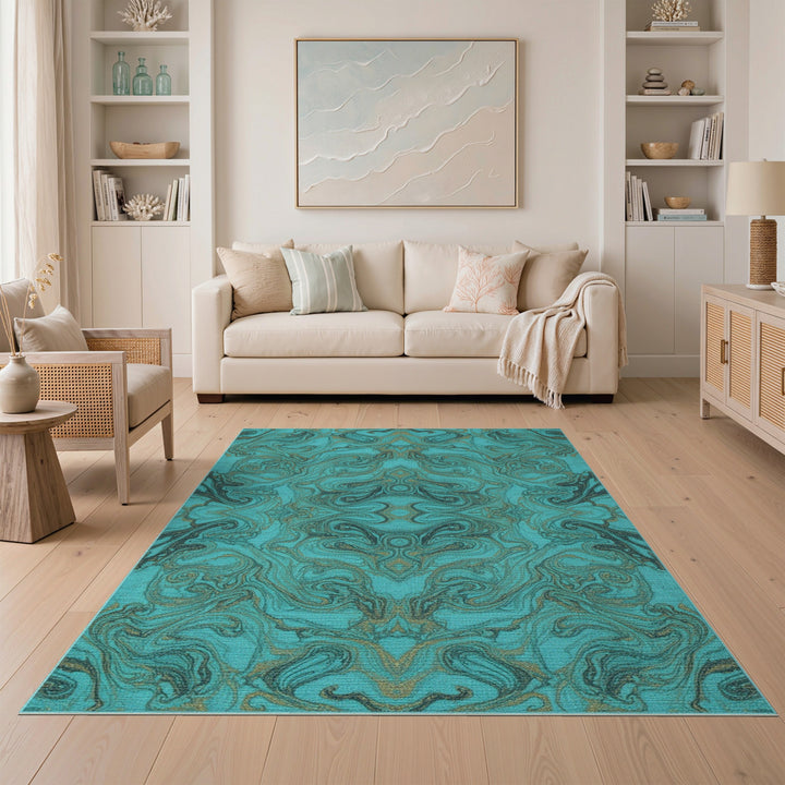 Teal Marble Swirl Washable Area Rug