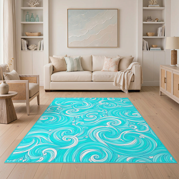 Blue Teal Wave Swirl Washable Area Rug