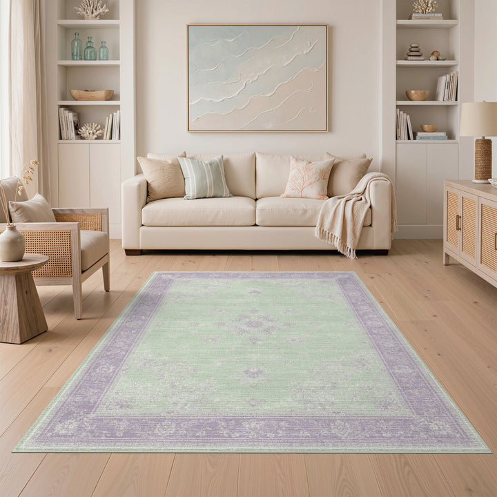 Mint Green Floral Vintage Area Rug with Lavender Border