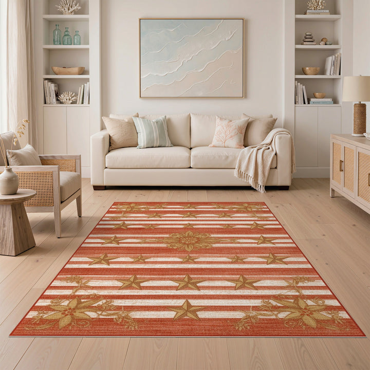 Red Striped Gold Star Floral Area Rug
