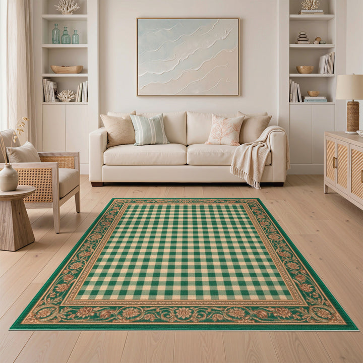 Green Gingham Checkered Rug with Floral Border