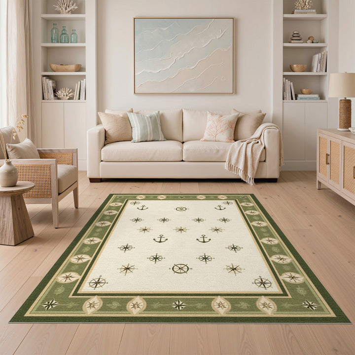 Green Nautical Anchor Compass Area Rug