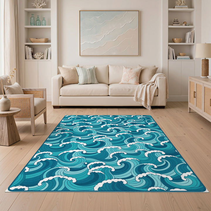 Blue and Teal Coastal Beach Blue Teal Ocean Wave Area Rug