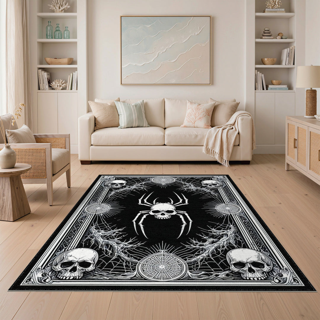 Skull Spider Black White Washable Area Rug