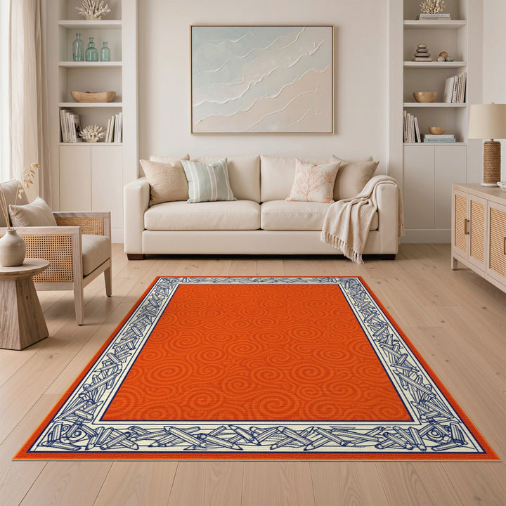 Orange Swirl Pencil Border Kids Area Rug
