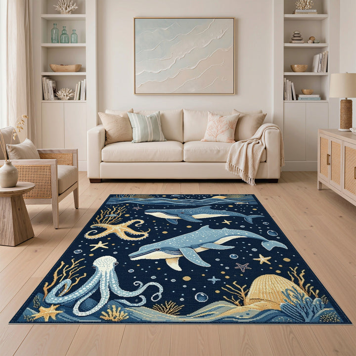 Blue Ocean Whales Area Rug