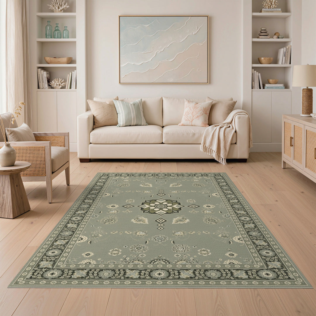 Sage Green Floral Medallion Area Rug