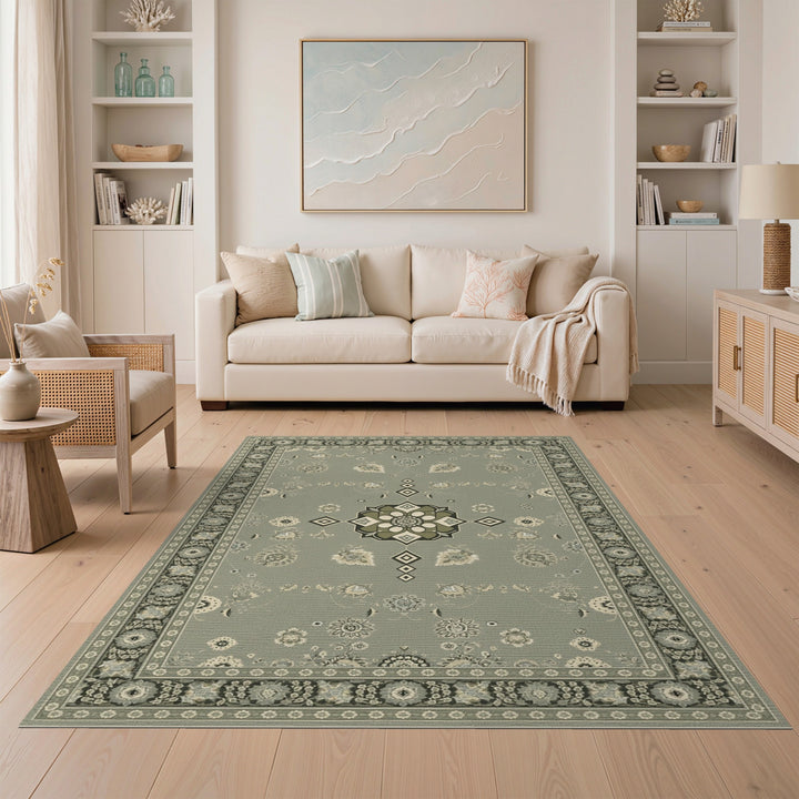 Sage Green Floral Medallion Area Rug