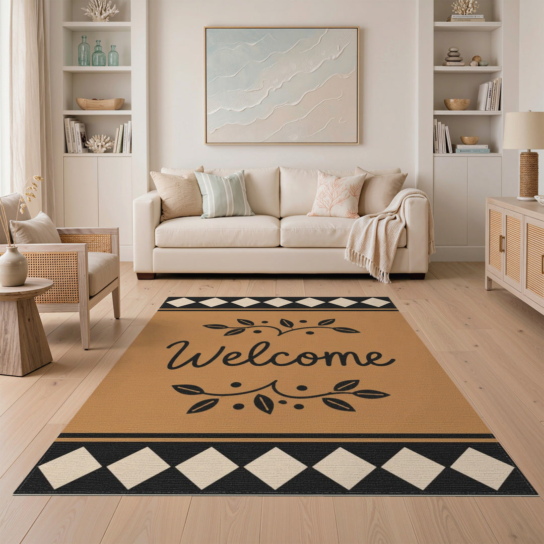 Welcome Brown Tan Leaf Border Area Rug