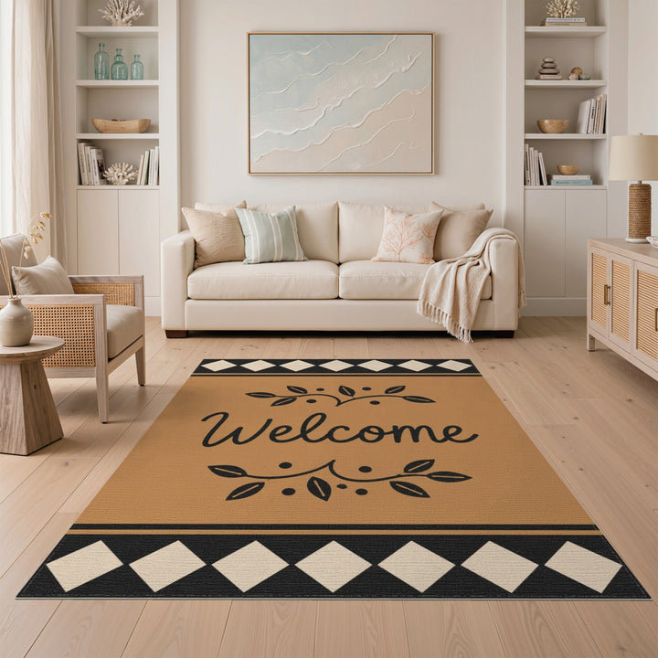 Welcome Brown Tan Leaf Border Area Rug