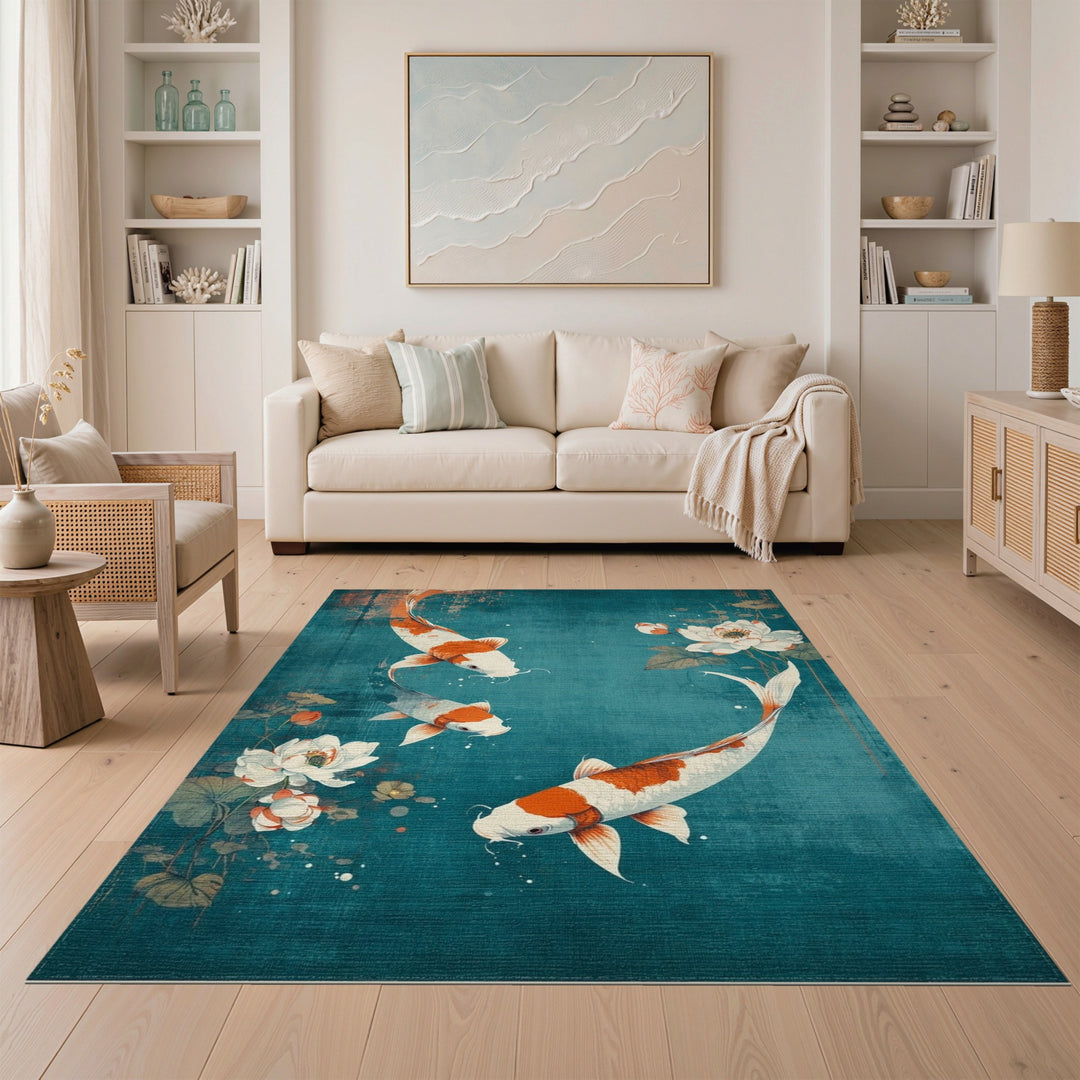 Distressed Vintage Koi Lotus Teal Area Rug