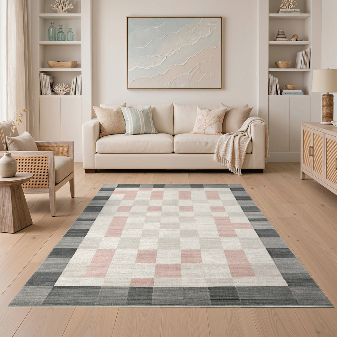 Grey Pink Checkered Geometric Area Rug