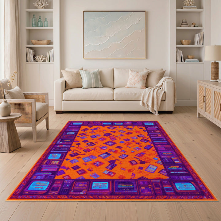 Orange Retro Tech Washable Area Rug