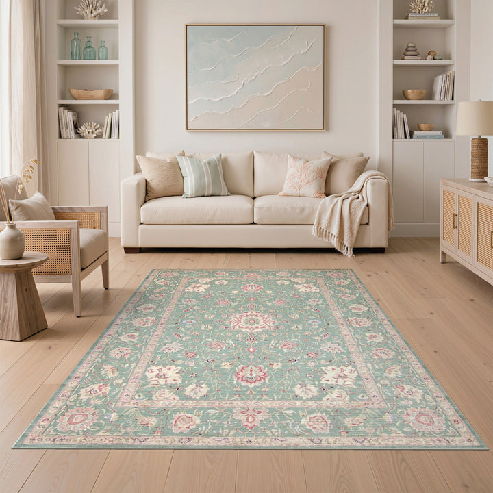 Teal Floral Vintage Area Rug