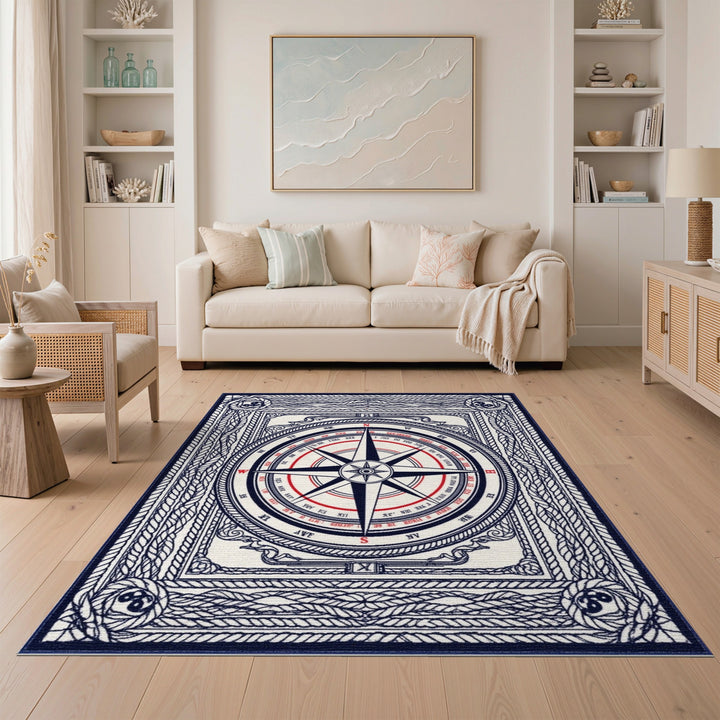 Nautical Compass Rope Border Area Rug