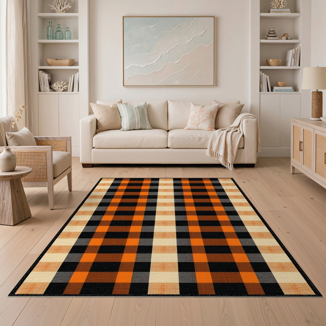 Orange Checkered Plaid Area Rug