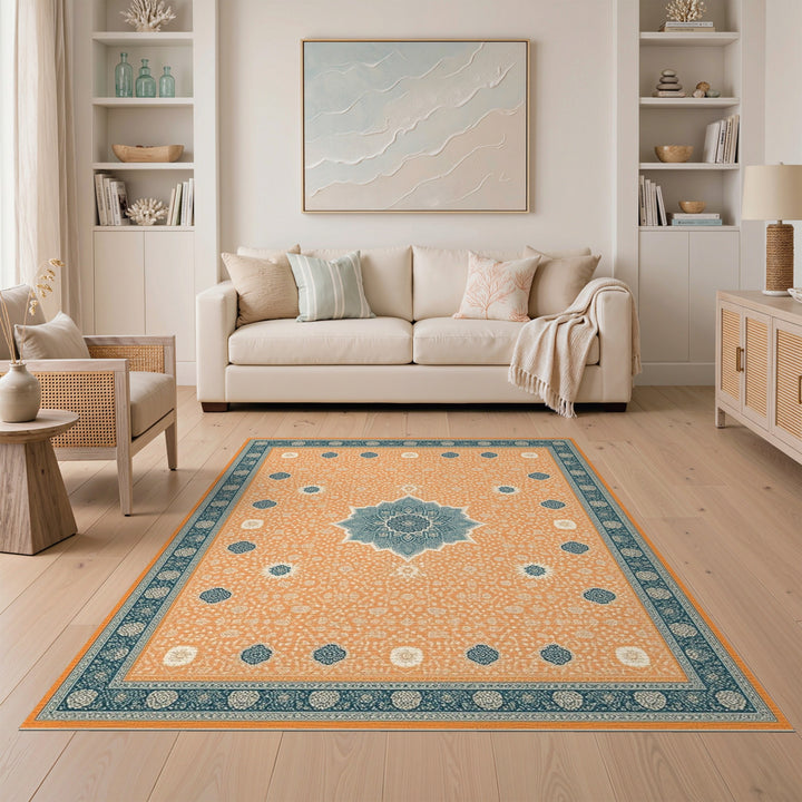 Orange Teal Medallion Traditional Persian Area Rug