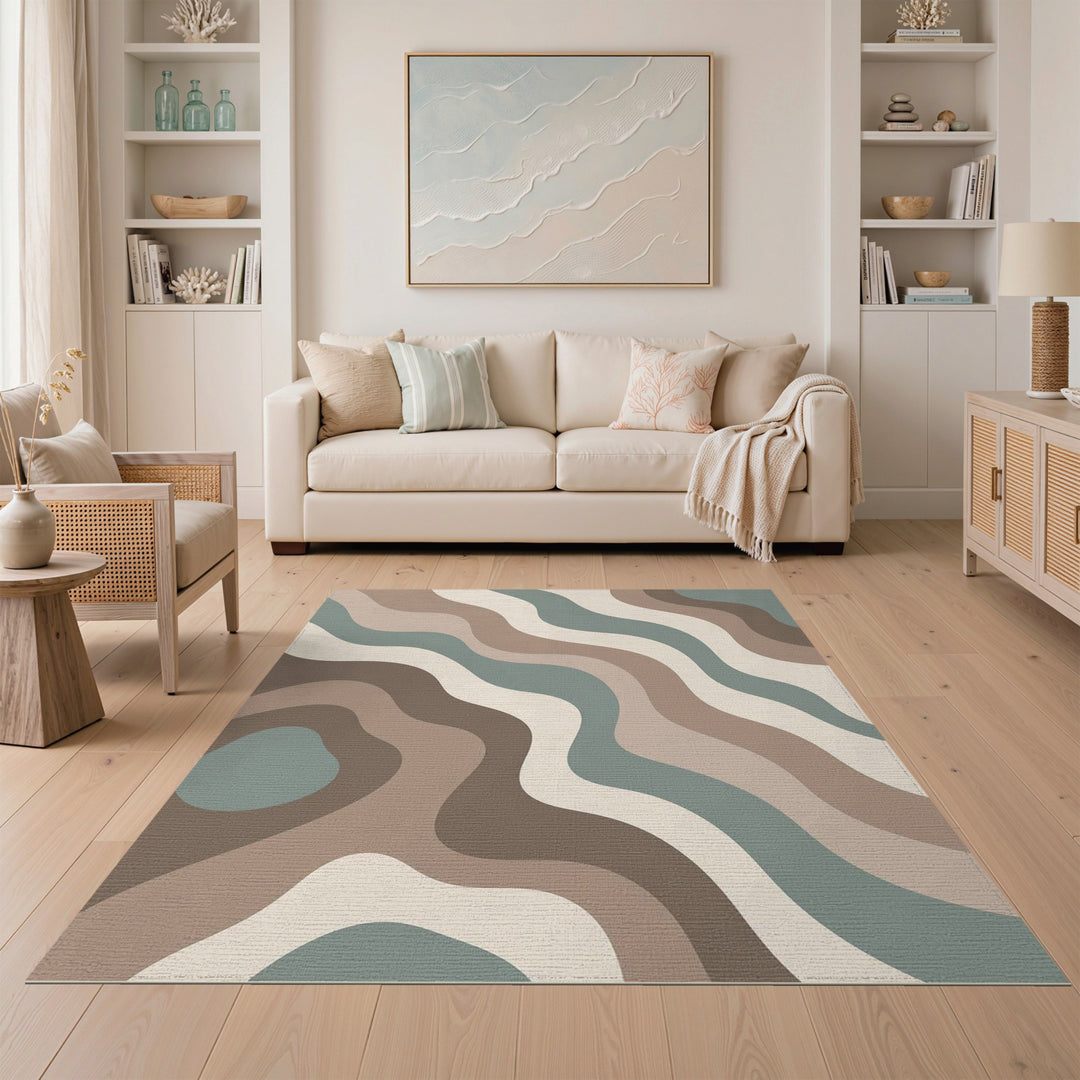 Abstract Wave Neutral Beige and Neutral Area Rug