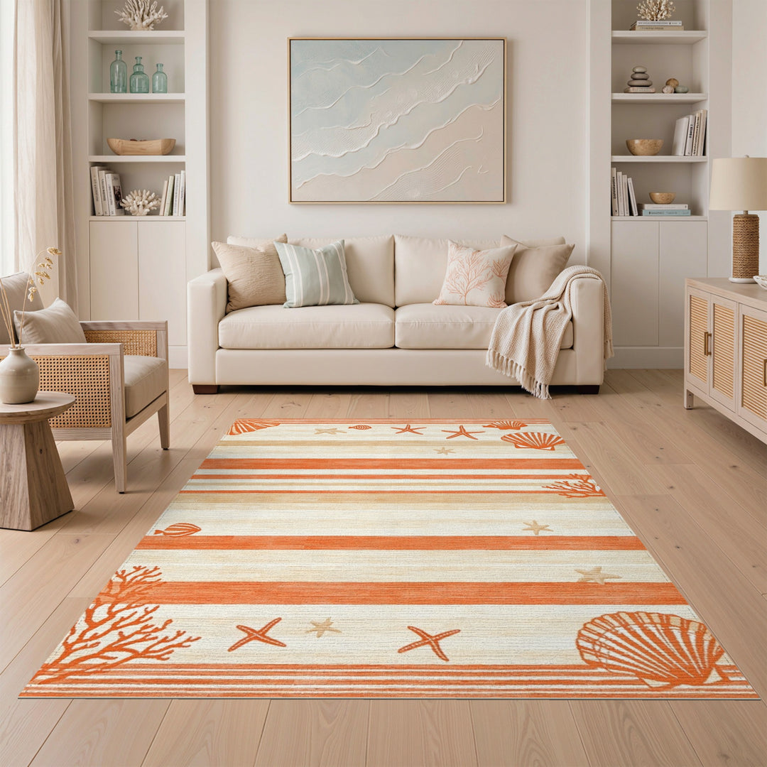 Coastal Orange Striped Seashell Area Rug