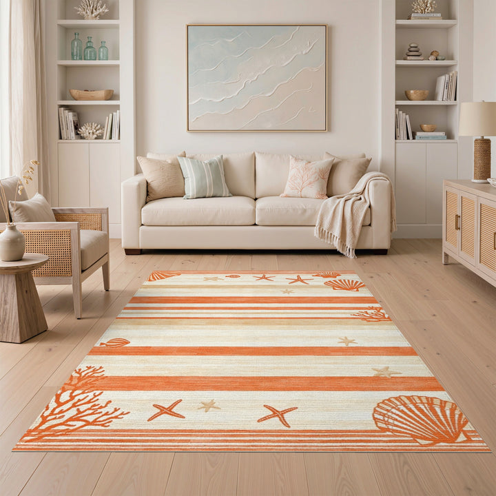 Coastal Orange Striped Seashell Area Rug