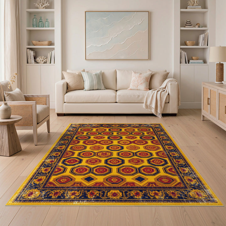 Yellow Geometric Octagon Distressed Area Rug