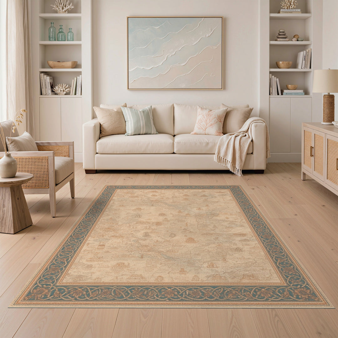 Vintage Map Area Rug with Teal Border