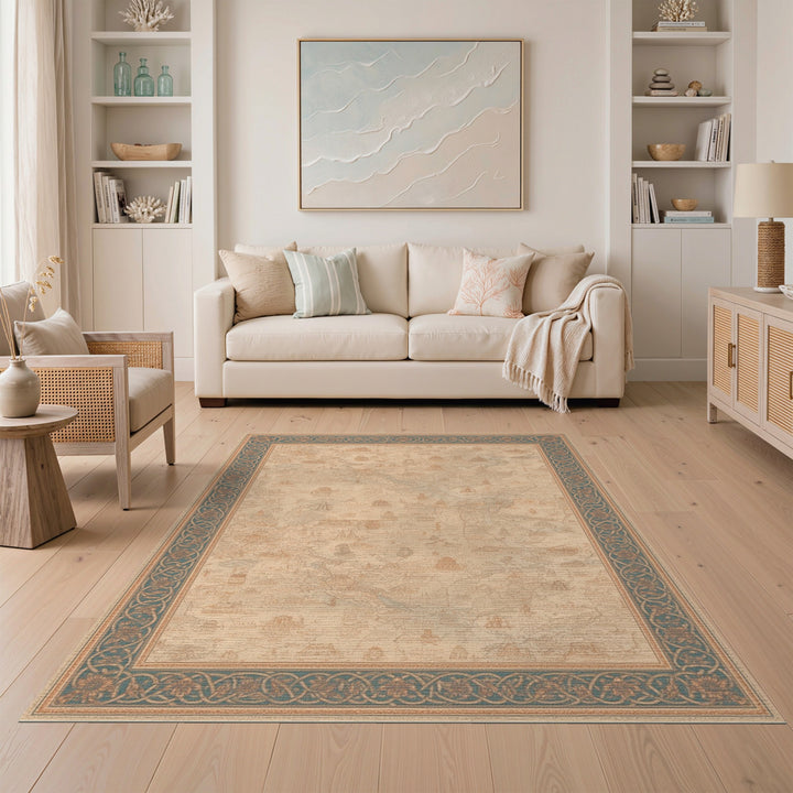 Vintage Map Area Rug with Teal Border