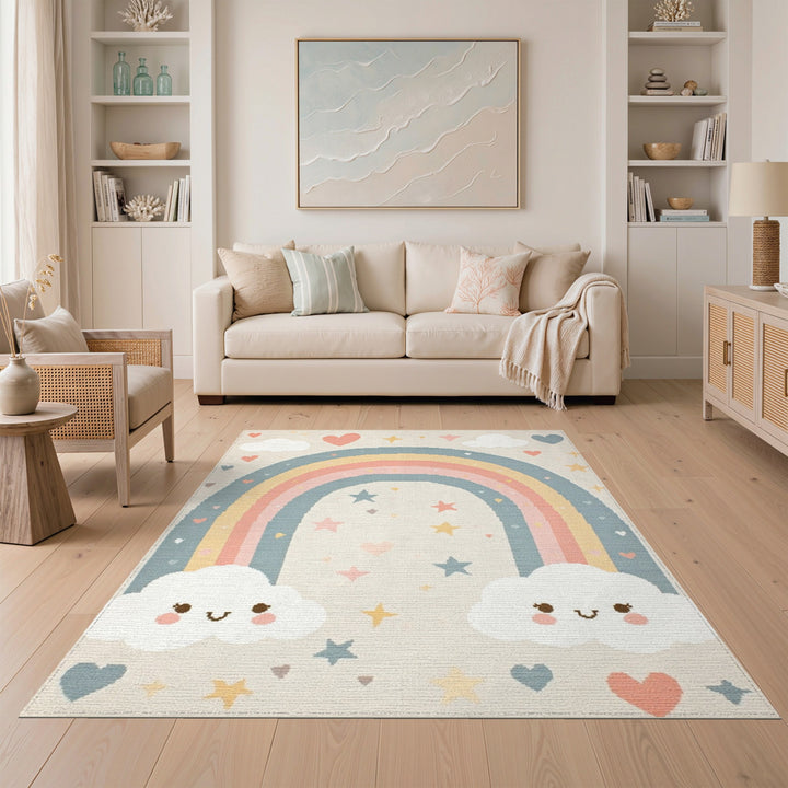 Pastel Rainbow Smiling Clouds Kids Area Rug