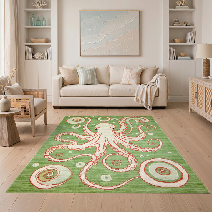 Green Octopus Swirl Washable Area Rug